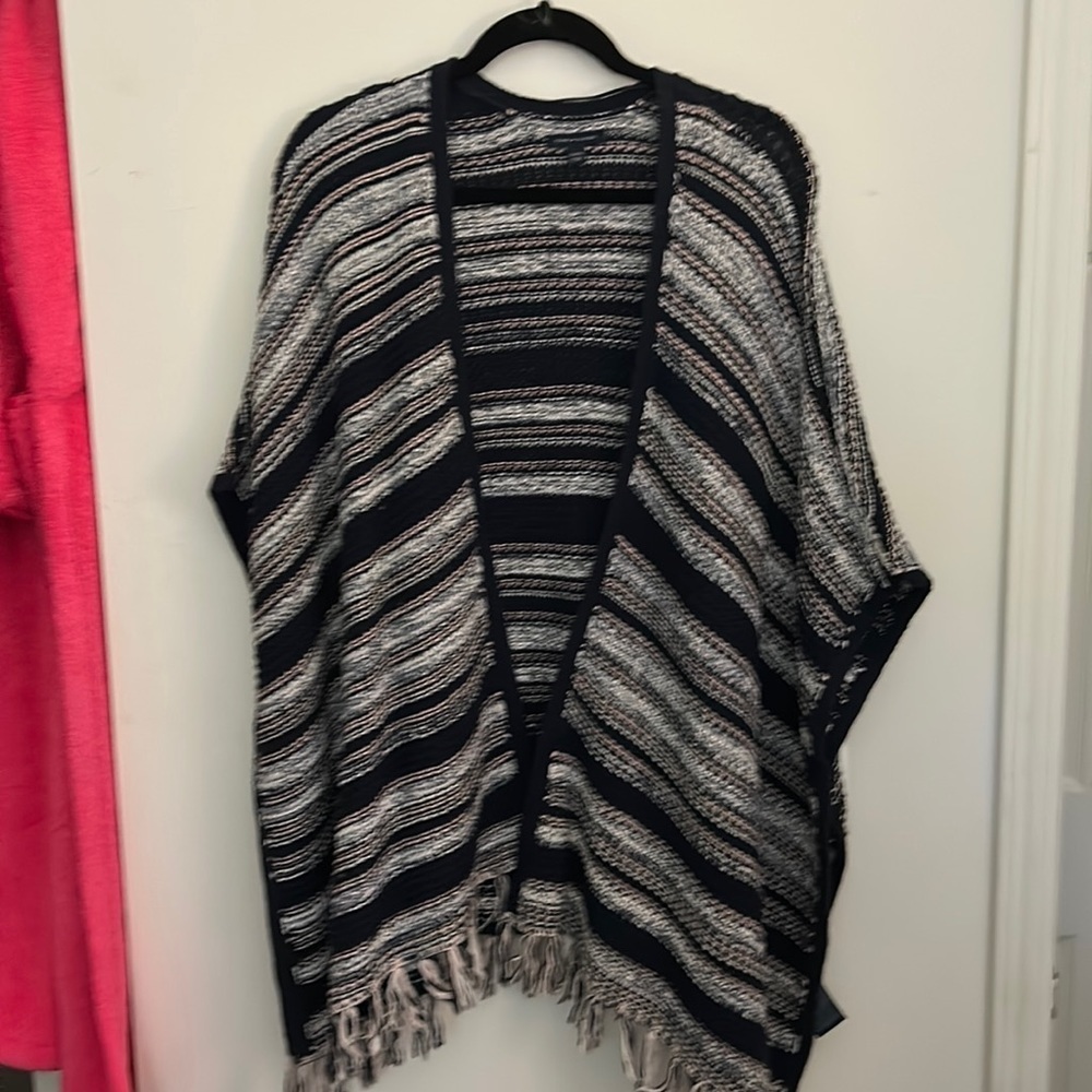Tommy Hilfiger navy, gray and pink striped knit shawl with fringe One size